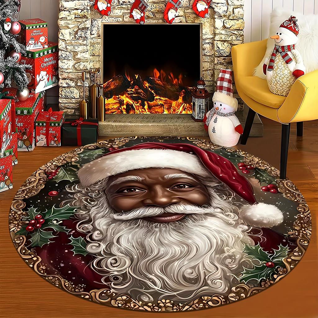 Cozy Christmas Santa & Holly Round Mat, Soft Absorbent Polyester Rug for Living Room, Bedroom, Playroom, Machine Holiday Decor