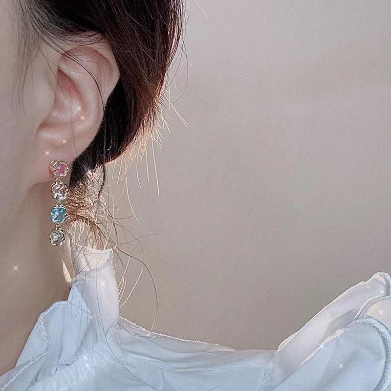 Fantasy Colorful Palette Pink Diamond Opal Splicing Long Earrings Gentle Versatile Girls Heart Ears Teachers' Day Gifts