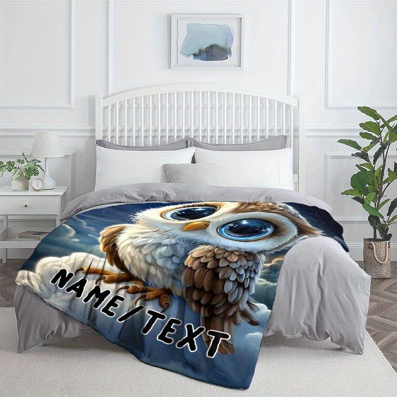 Custom Owl Fleece Blanket With Big Eyes Personalized Name Text Starry Sky Print Throw Soft Warm All Season Bedding Gift For Kids