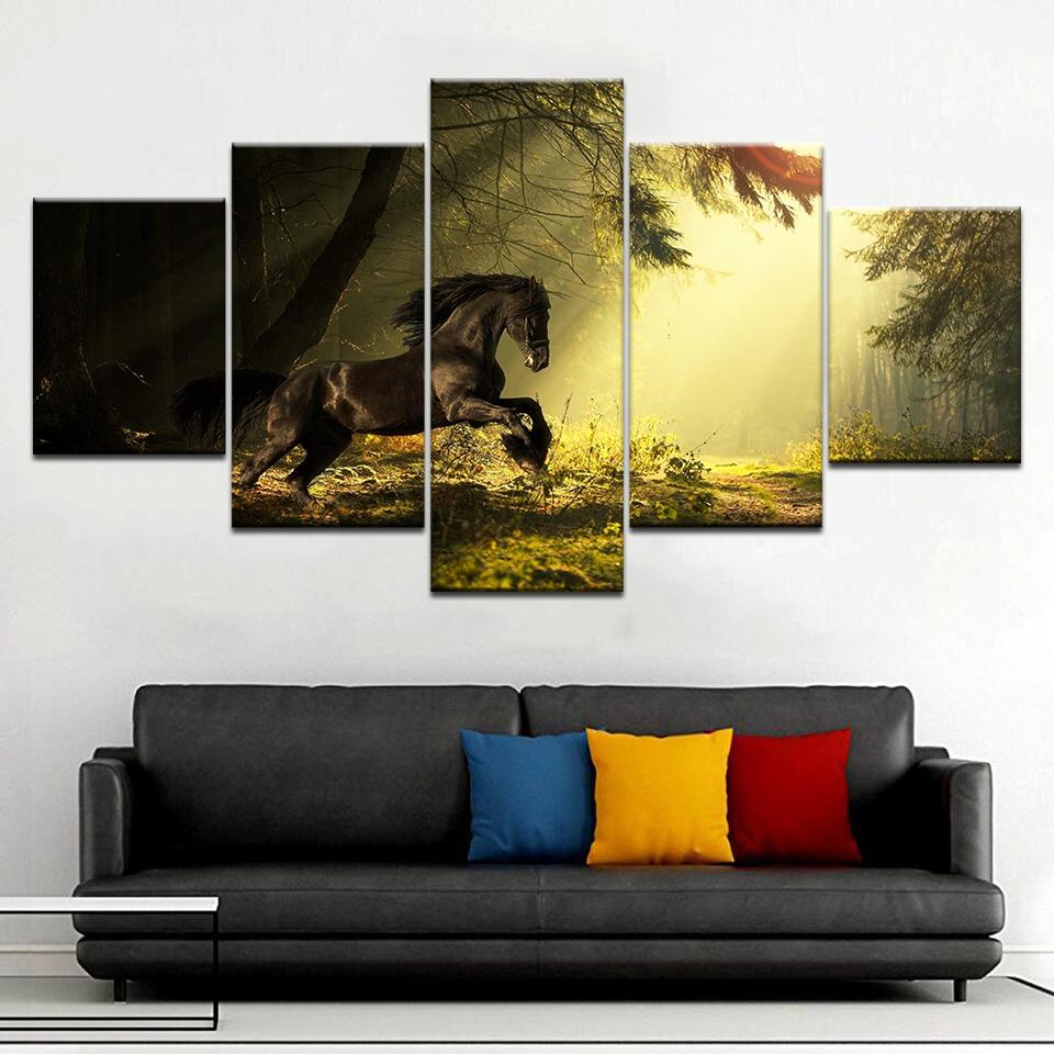 Canvas HD Prints Pictures Home Decor 5 Pieces Abstract Black Horse Painting Psychedelic Forest Unicorn Poster Wall Art Framework No Frame