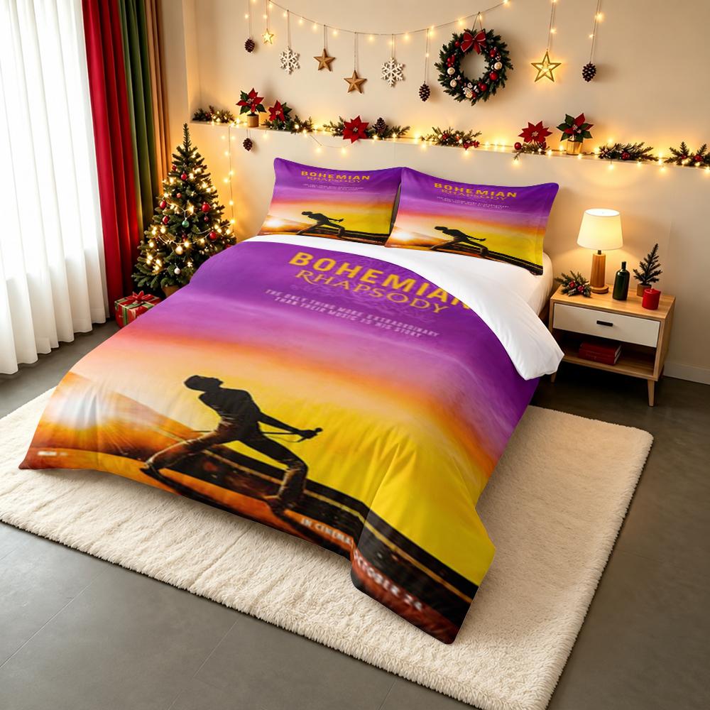3 Piece Bedding Set with Duvet Cover and 2 Pillowcases - Bohemian Rhapsody Sunset Singer Silhouette Print - Orange Music Decor