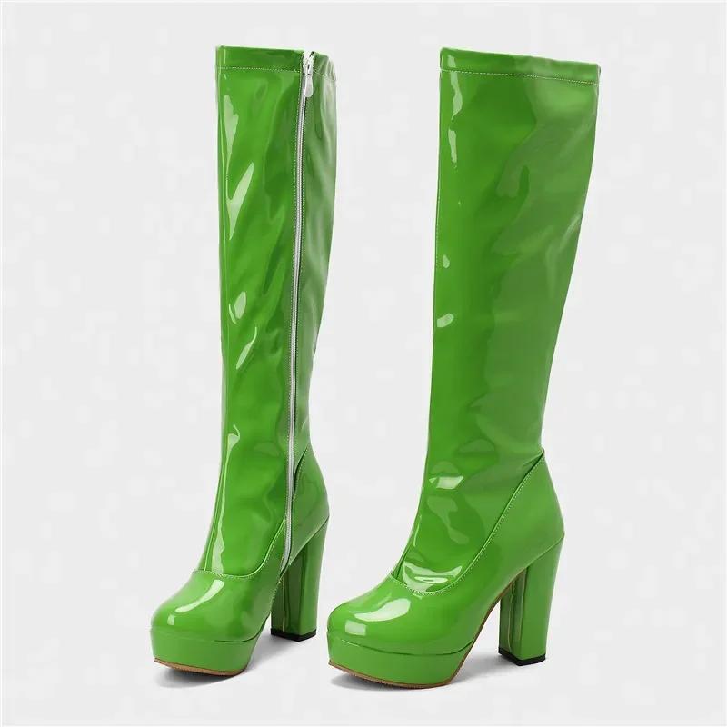 Women Knee High Boots Chunky Heels Candy Color Black Green Yellow Patent Leather Sexy Party Club Lady Zipper Long Platform Boots