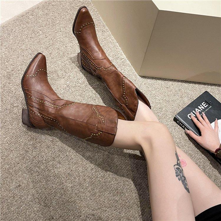 Women's Studded Mid Calf Boots, Pointed Toe V-cut Pull On Western Cowboy Boots, Retro Chunky Low Heeled Ridding Boots