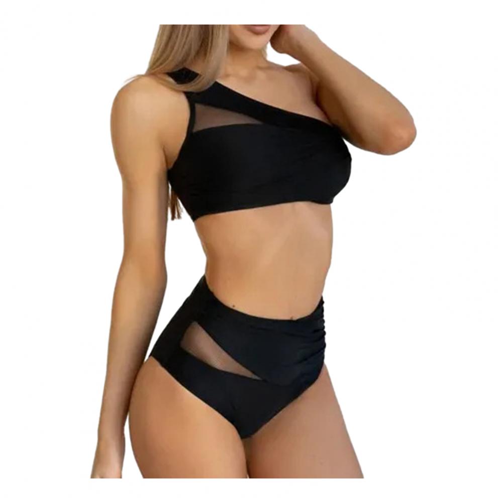 

Стильный купальник бикини пуш-ап на одно плечо с сетчатой вставкой, купальник монокини для женщин с высоким вырезом, пуш-ап, быстросохнущий XL чёрный