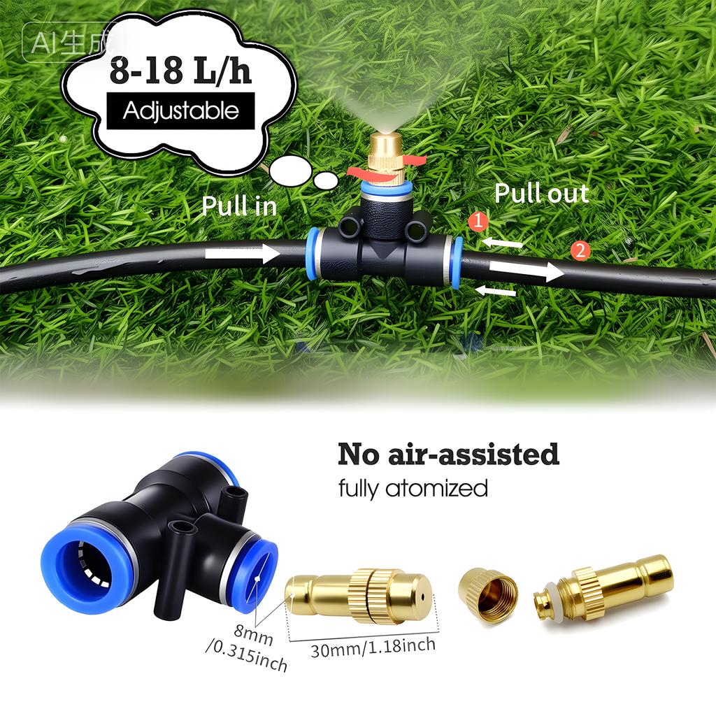 Brass Misting Nozzle with Tee Adapter Adjustable Atomizer Sprayer Outdoor Garden Irrigation Watering 6/8/10/12/14/16mm PE Tubing
