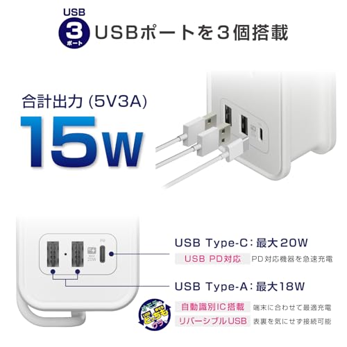 Kashimura Power Strip with Cord Wrapped Around It for Overseas Use! Max PD20W Fast Charging, 3 Outlets, 1 USB-C Port, 2 USB-A Ports, 1m (AC-072)