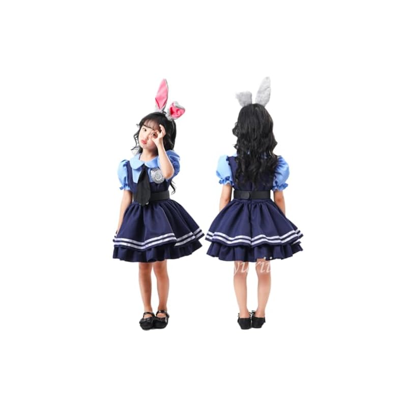 [asayurii] Girls' Rabbit and Fox Police Halloween Costume, Kids' One-Piece Dress, Anime Animal Costume, Long or Short Sleeve, Police Officer Costume,