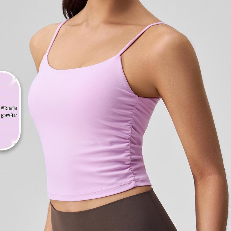 Women s Side Pleated Nude Feel Sports Bra - Strappy Back Fitness Yoga Tank Top