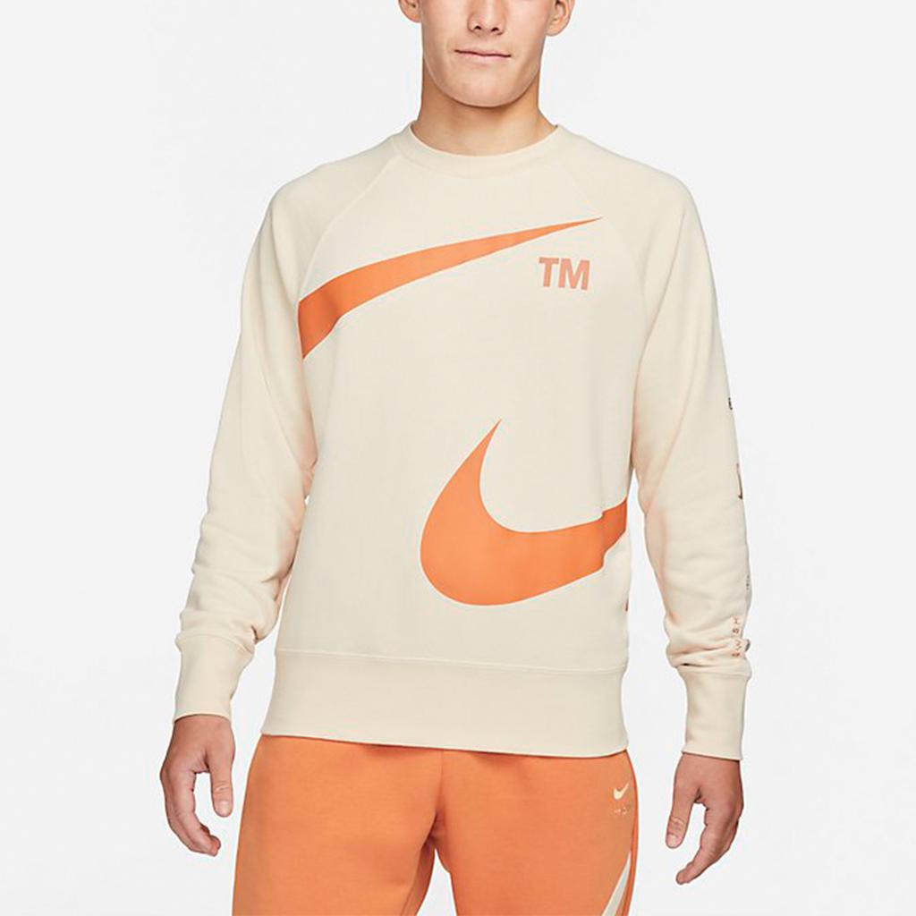 Nike Swoosh Ft Crew Large Logo Print Knit Pullover Sweatshirt Men Tops Khaki DD6097-219