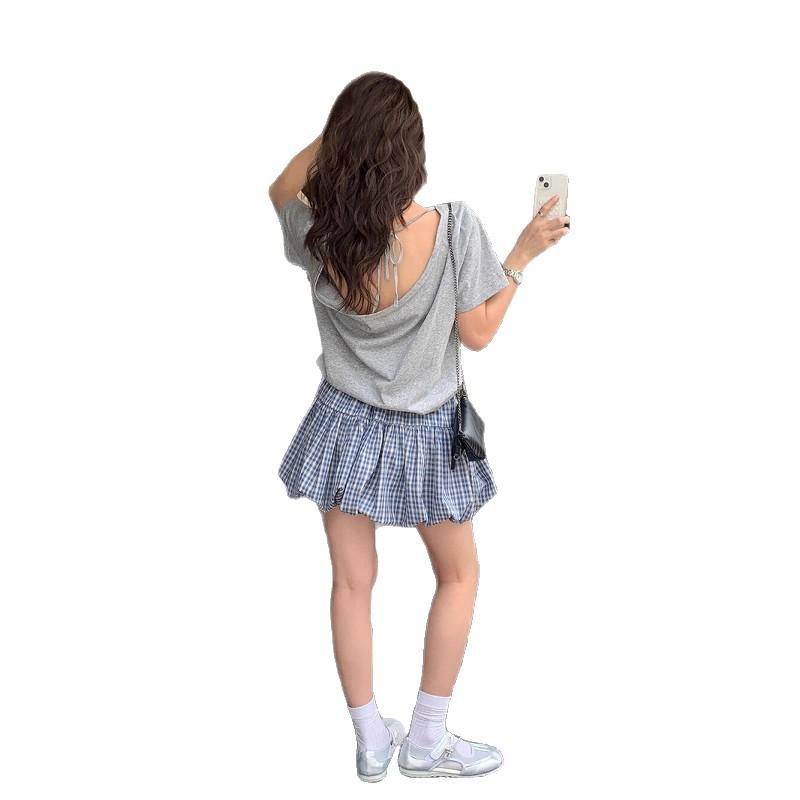 Women's Plus Size Retro Blue Plaid Flower Bud Elastic Waist Skirt - Spring/Autumn Puffy & Slimming Short Skirt