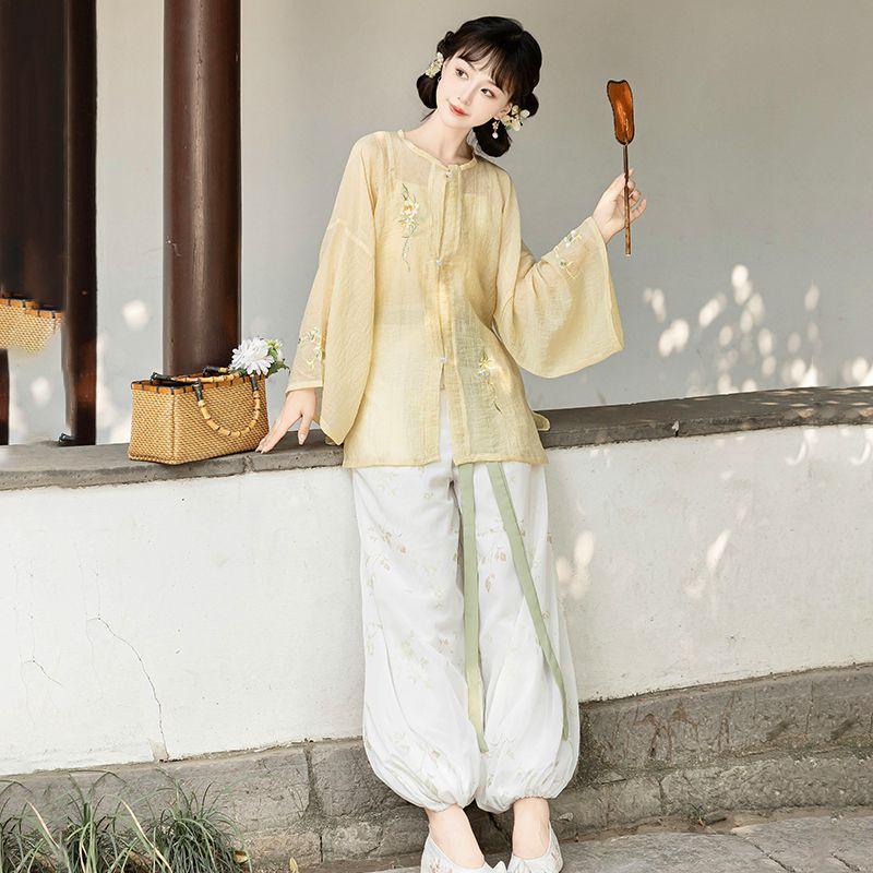 Cămașă cu gât rotund și pantaloni bufant hanfu în stilul dinastiei Song chineze pentru femei, costum de zi cu zi de primăvară și vară