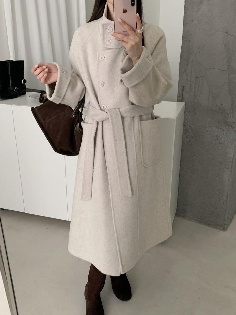 Korean Style Double-Faced Wool Coat with Stand-Up Collar, Tie-Waist, Extra-Long Design for Fall/Winter 2025