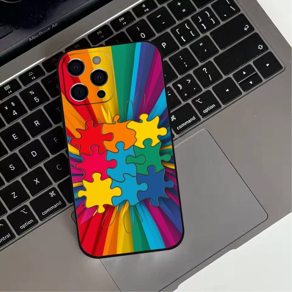 Puzzle Art Support Autism Phone Case For iPhone 17,16,15,14,13,12,11 Plus,Pro Max,XS,Soft Silicone Black Cover