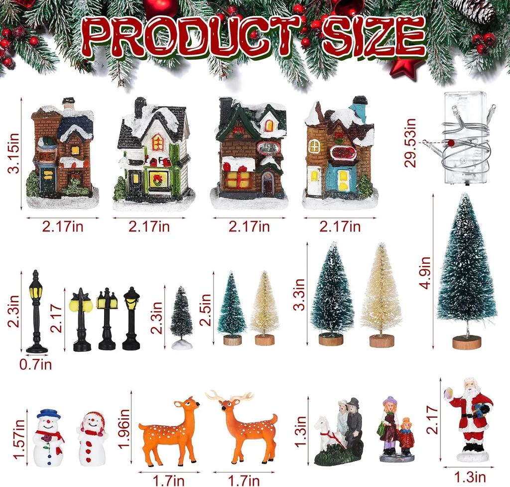 Holiday Landscape Decor Set Christmas Resin Miniature Houses with Light Up Village Collection for Tabletop Display