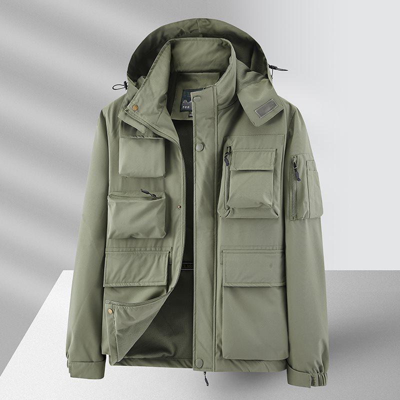 Men's Camouflage Workwear Jacket with Detachable Hood, Windbreaker for Spring/Autumn, Fashionable Loose Fit, Large Pockets