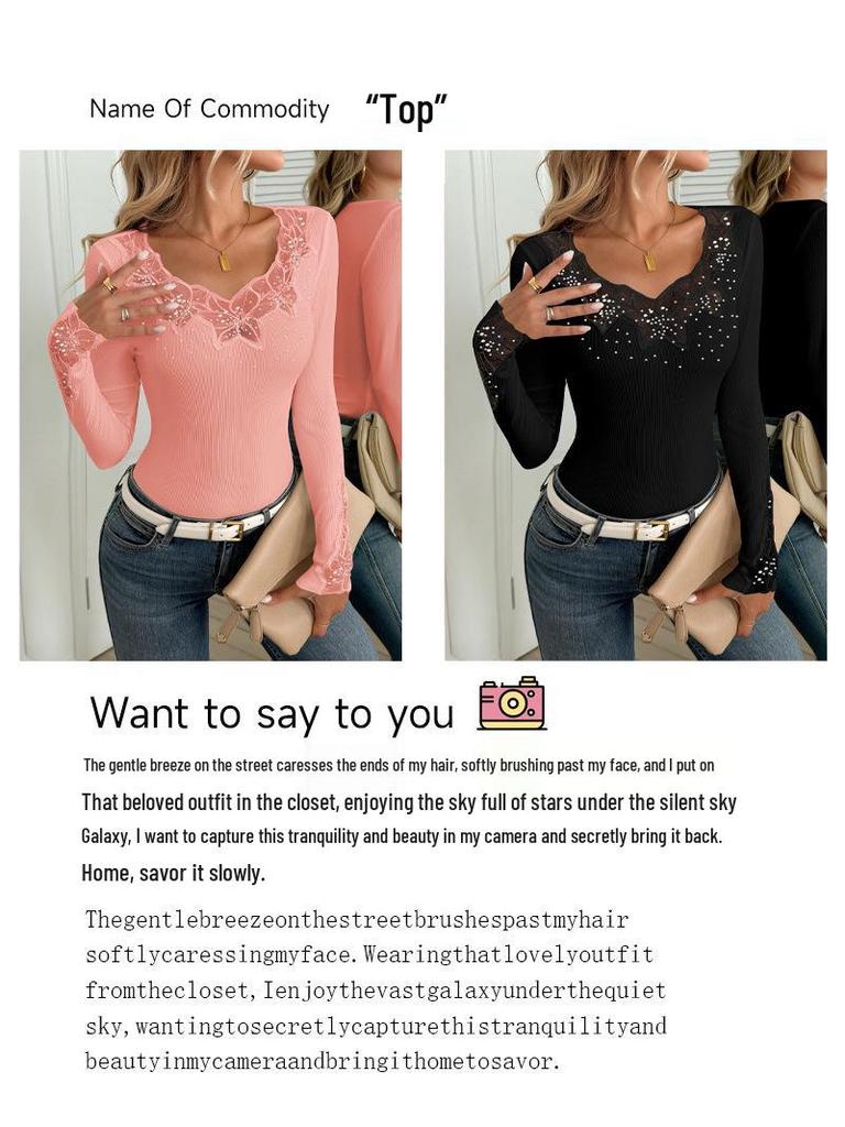 Dámské tričko s dlouhým rukávem 2025 s krajkovou lemovkou a horkými vrtanými akcenty