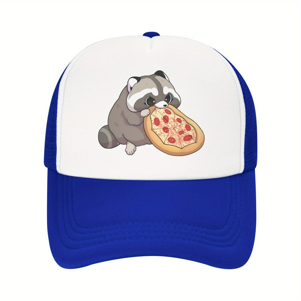 Cute Raccoon Eating Pizza Trucker Hat Breathable Mesh Adjustable Baseball Cap Casual Summer Travel