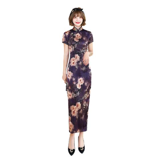 Lady Petticoats Übergröße Damen Cheongsam Blumendruck Schlank Kurzarm Splits Midikleid für Party