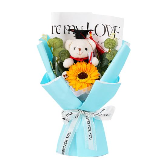 Studentgosedjurshjärte Virkad Solrosbukett Handstickad Garn Konstgjord Blomma med Studentgosedjur Dekoration Studentfest Presenter