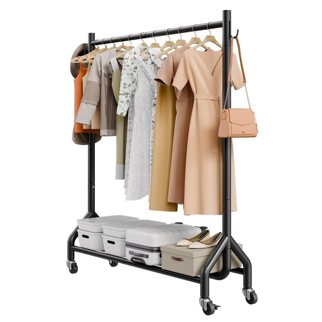 Clothes Rack, Rolling Clothing Garment Rack with Hanging Rod and Side Hooks, 90 kg Load Capacity, Heavy Duty Carbon Steel Clothing Racks with Wheels,