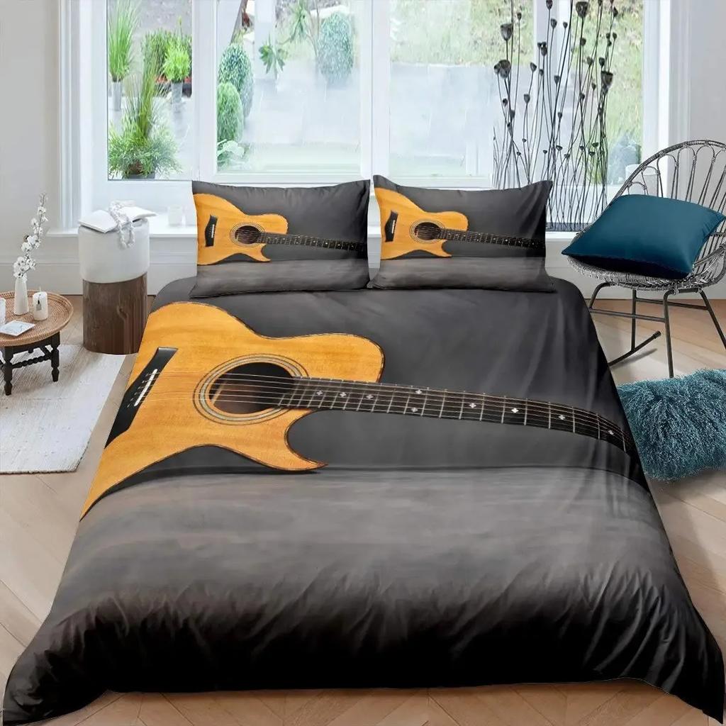 Guitar Duvet Cover Set Music Theme Bedding Set Microfiber Vintage Grey Guitar On Wooden Floor Queen King Size Quilt Cover Set