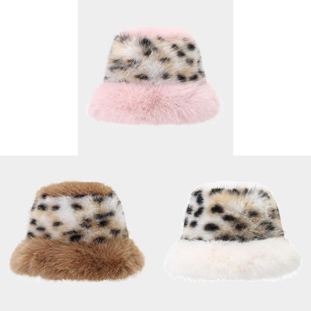 Polyester Furry Leopard Print Fisherman Hat With Wide Brim For Winter Fashion