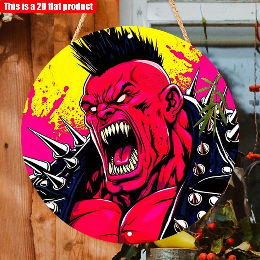 2D Flat 20*20cm1pc comic spiky monster design Hanging Art plaque, red and yellow bohemian style comic Wooden Pendant, Application to Boy Bedroom Party