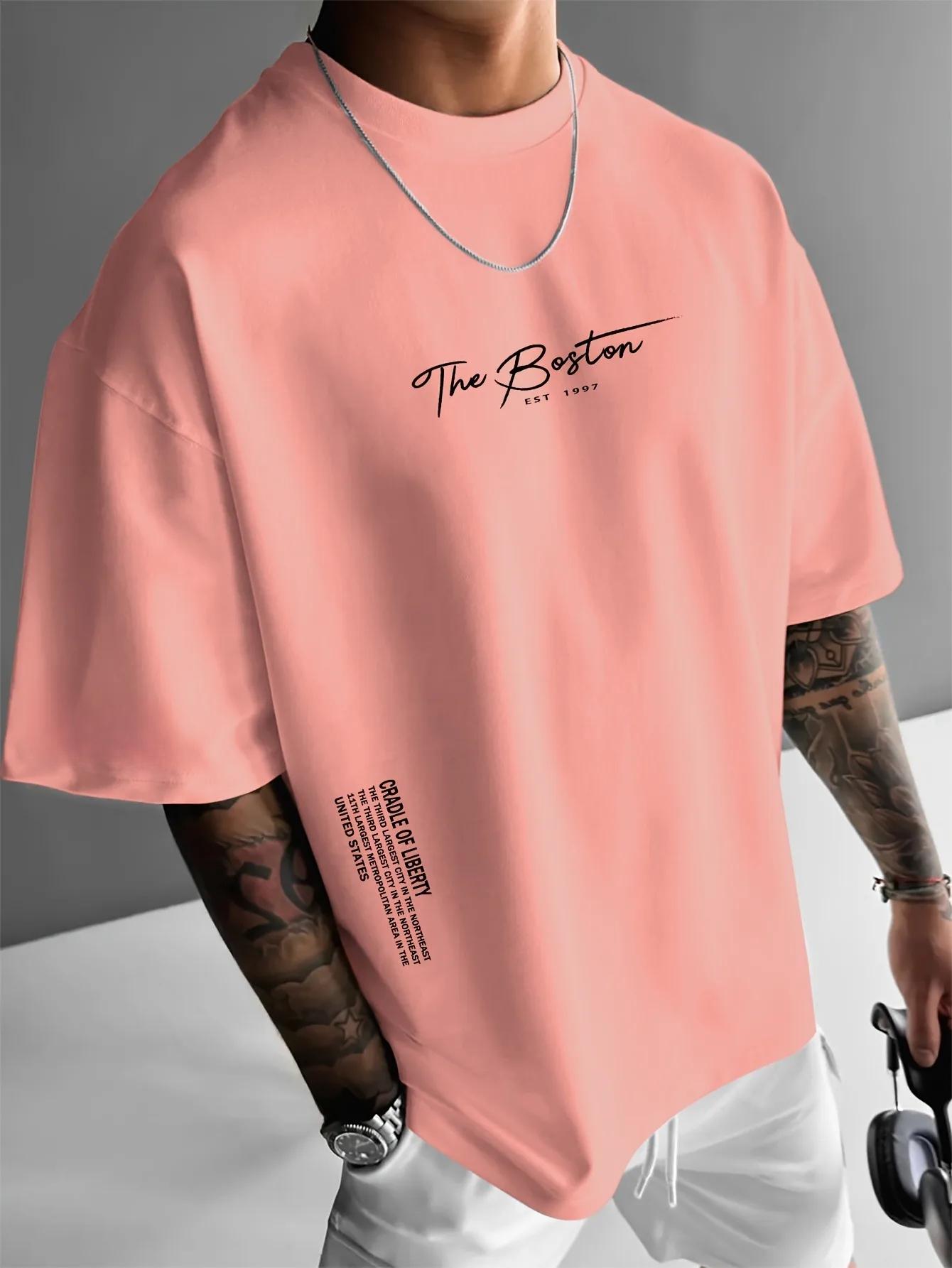 GUOYAN TOP 2025 NIEUW Heren Casual Mode T-shirt Bedrukt Katoen Boston Slogan Letter Ronde Hals Trui Zomer Dagelijks Buiten Sport Vrijetijdssport 3XL