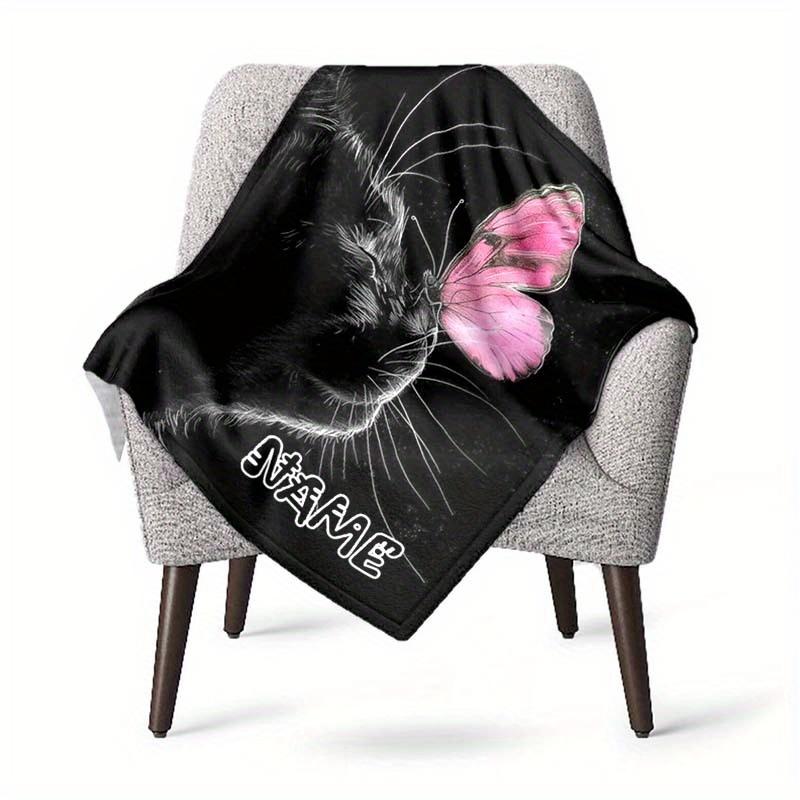 Black Cat And Butterfly Customize Your Name Blanket Used For Chair Office Sofa Bed Camping Soft And Warm Giving Friends And Relatives Birthday