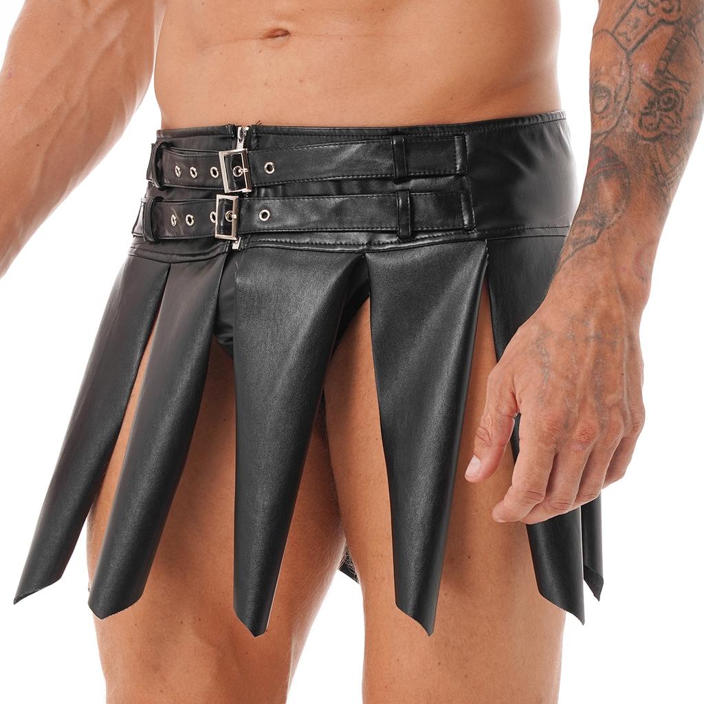Mens Faux Leather Tassel Skirt Adjustable Waist Zipper Halloween Party Costume Miniskirt