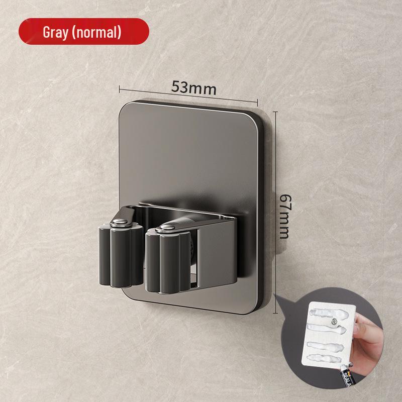 Stainless Steel No-Drill Mop & Broom Holder with Hooks - Wall-Mounted, Strong Adhesive Storage Clip