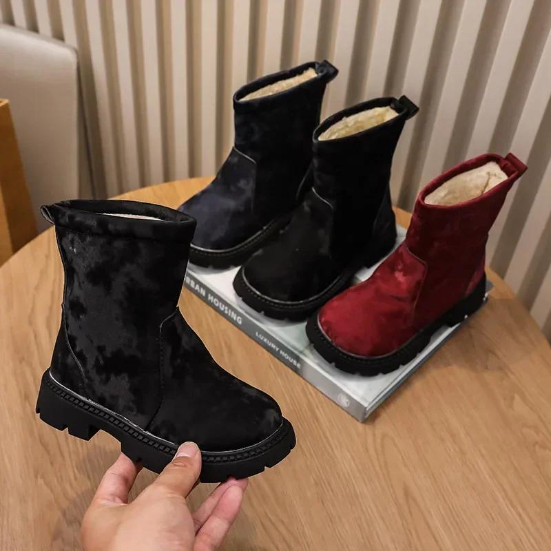 2024 Winter New Children Cotton Boots Warm Thicken Girls Boots Fashion Slip on Kids Snow Boots Soft Sole Non-slip Mid Calf Boot