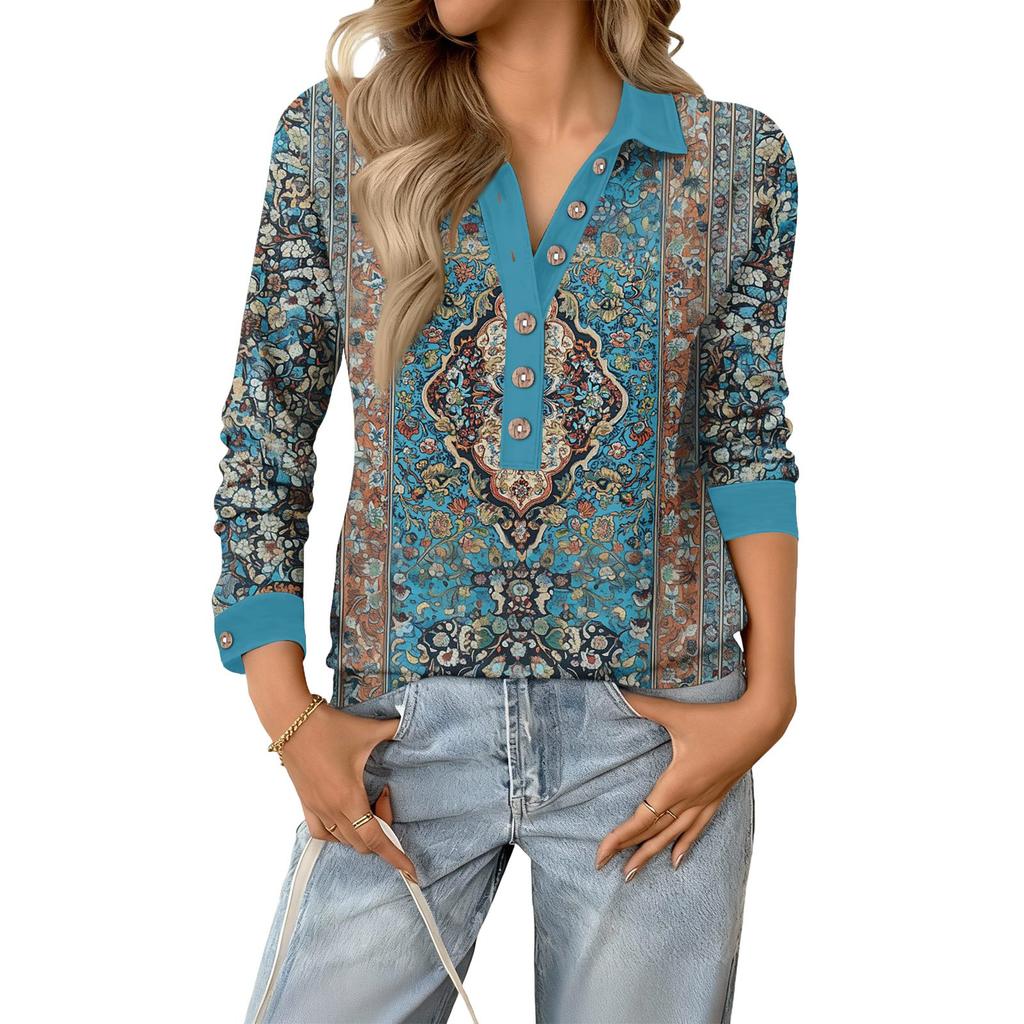 Women's Fashionable and Relaxed V,neck Long,sleeved Button,down Retro Print Pullover Top