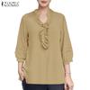 ZANZEA Women Casual Ruffles V-Neck Loose 3/4 Sleeve Blouse