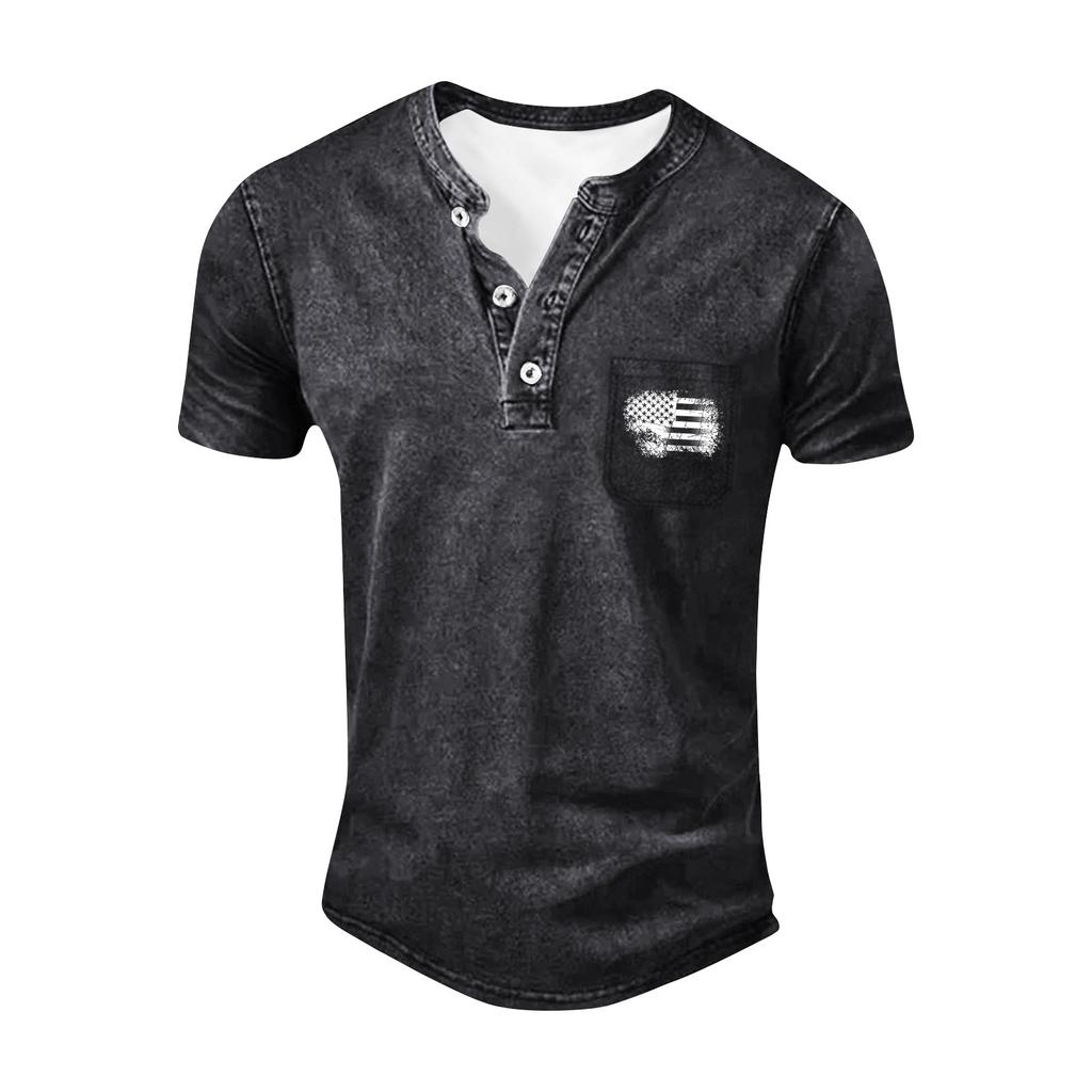 Men's Summer Independence Day Pattern Round Neck Short Sleeve T-Shirt Neck Men's All- Casual Button Shirt