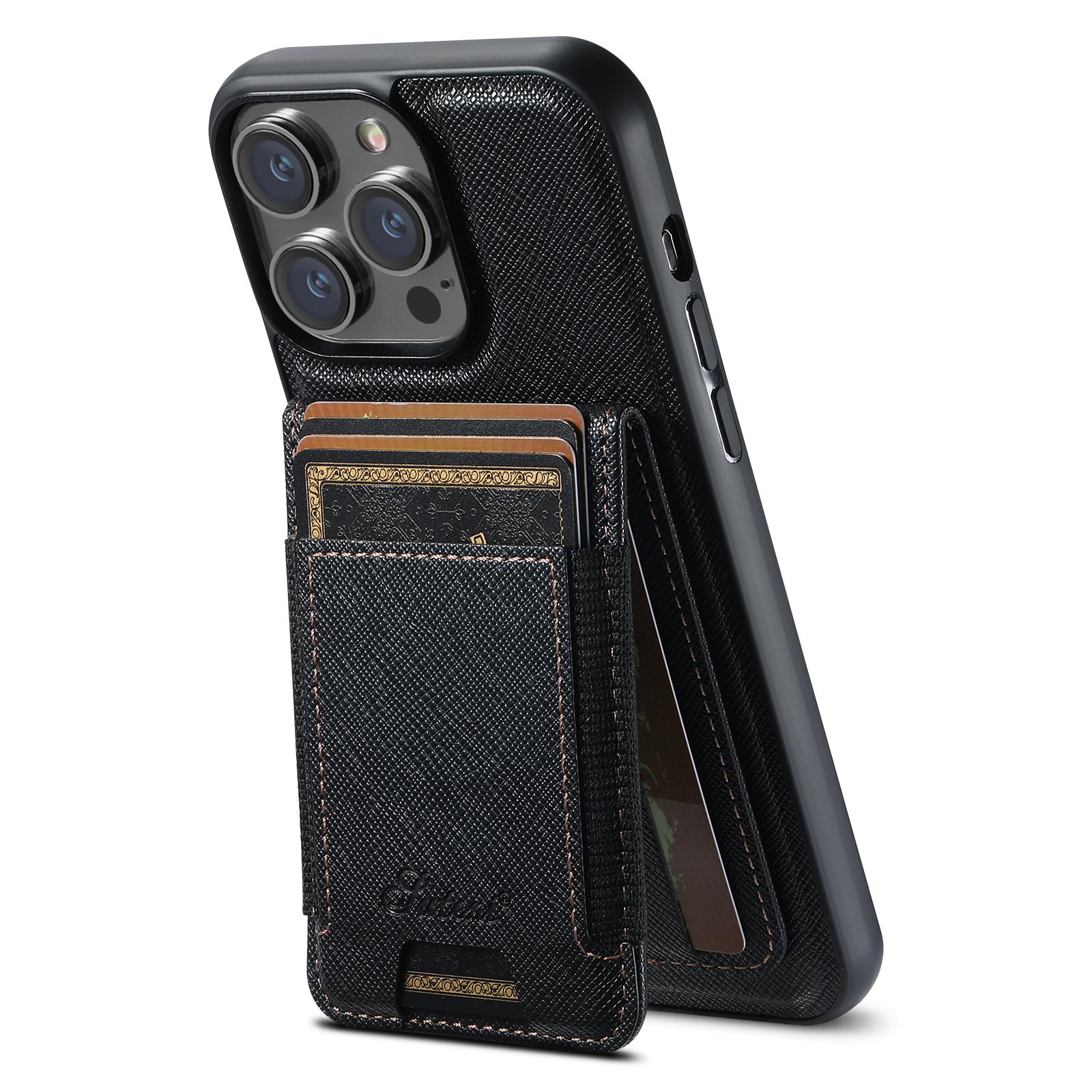 

SUTENI H17 For iPhone 14 Pro Max Magnetic Case Cross Texture Leather Phone Back Cover with Detachable Card Bag Black