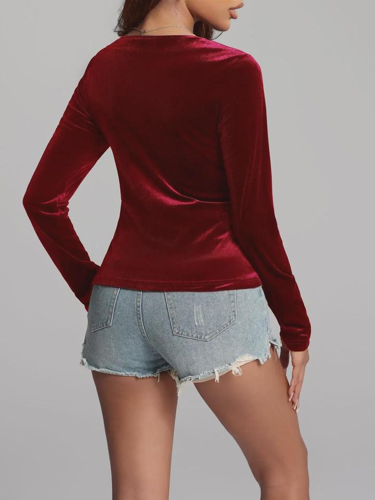 Gold Velvet Long-Sleeve Irregular V-Neck Top - Sexy Retro Waist Design for Women