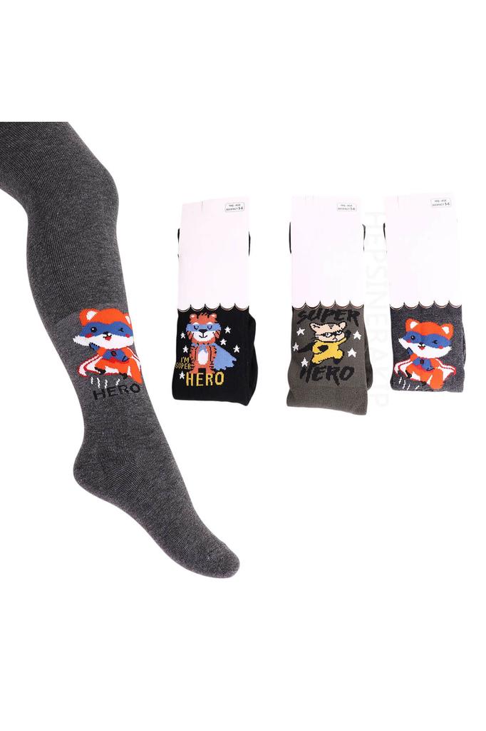 3lü Erkek Bebek Çocuk Külotlu Çorap Renkli Hayvancık Desenli Pamuklu