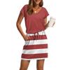 Women's Summer V-Neck Casual Short Sleeve Drawstring With Pocket Striped Patchwork Dresses