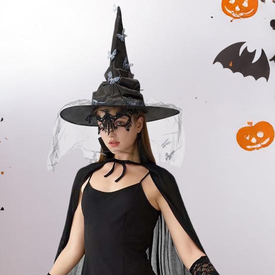 Yousheng Witch Hat Mesh Yarn Cover Butterflies Design Women Cosplay Hat Halloween Theme Magical Mystery Accessory