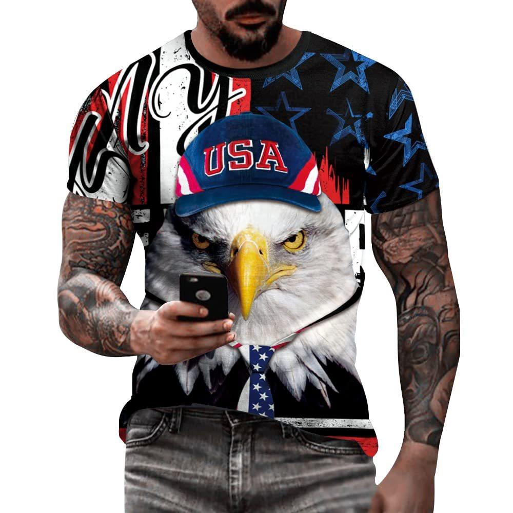 Flag and Eagle Pattern 3D Digital Printing Men's Fashionable Round Neck Short Sleeved T-shirt
