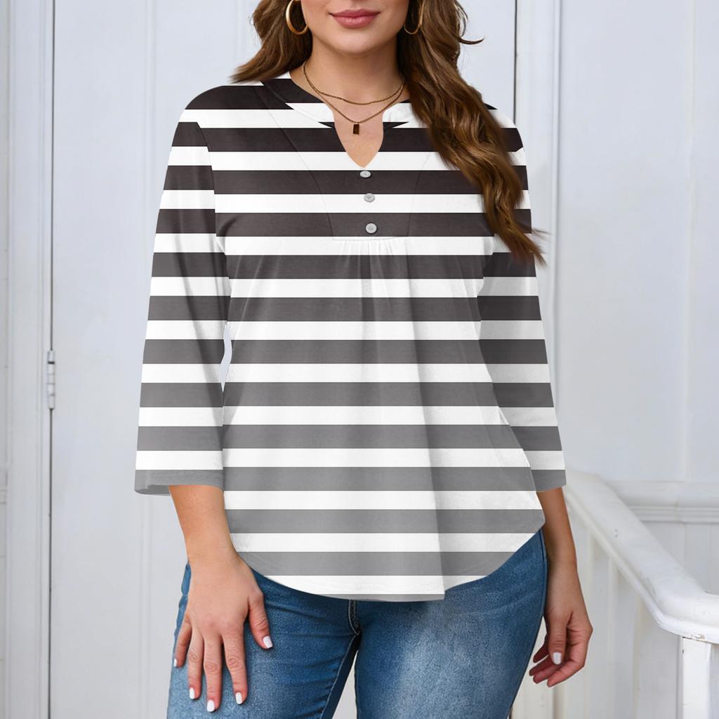 Women's Plus Size Fashionable Casual Loose Fit Three Quarter Sleeve Elegant Button Up V Neck Top
