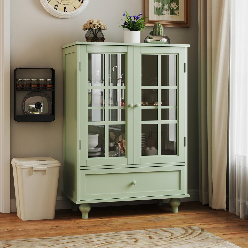 Minimalist buffet cabinet with two glass doors and drawers, wooden sideboard for living room, dining room, hallway and entrance area (mint green)