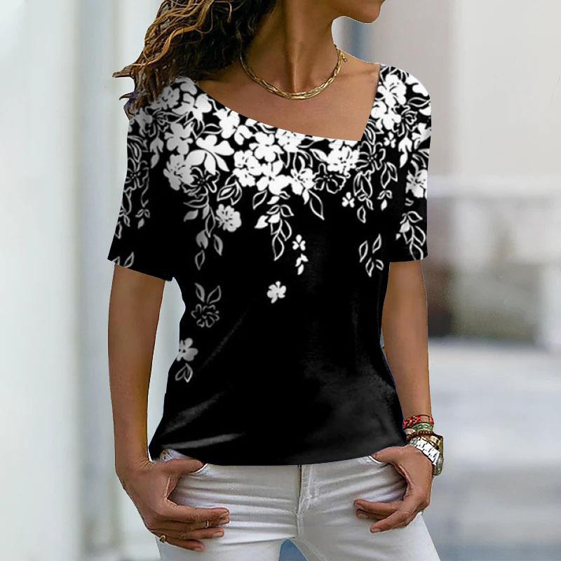 New Fashion Women's Floral Printed Long Sleeve Irregular V-neck Casual Elegant Top Loose Plus Size Soft and Comfortable Thin Bottoming Shirt