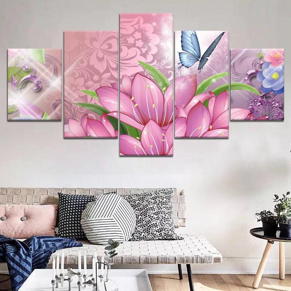 Canvas Painting 5 Panel Purple Flower Butterflies Landscape Canvas Wall Art Home Decor For Living Room Wall Picture No Frame