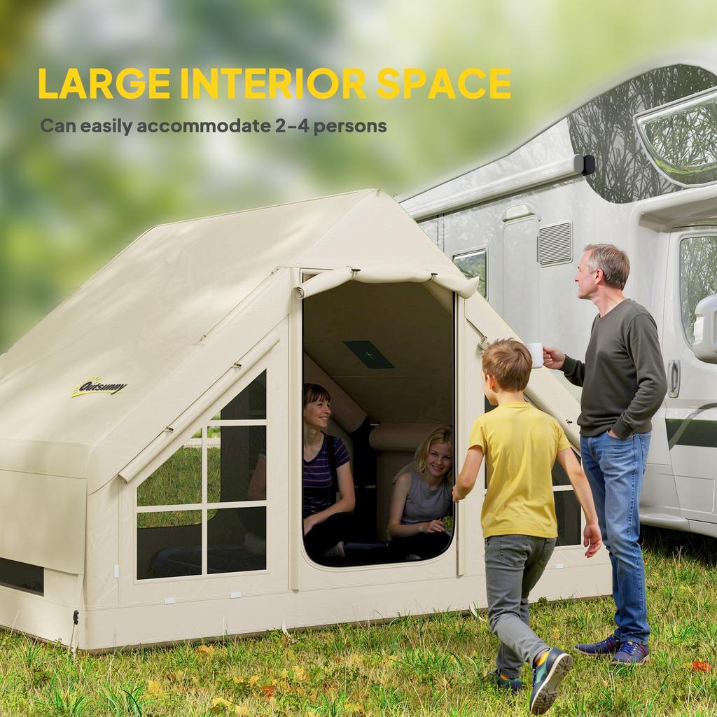 Inflatable Camping Tent with Pump and Stove Jack Hole, Easy Setup 2-4 Person Blow Up Tent, Waterproof Luxury Inflatable Tent with Mesh Windows, Doors