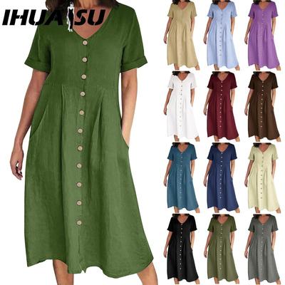 Damen Sommer Freizeit Baumwolle V-Ausschnitt Kurzarm Knopfkleid