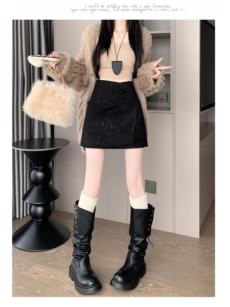 Women's High Waist Irregular Sequin Pleated A-line Skirt - Autumn/Winter 2025 Collection