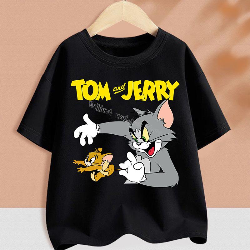 T-shirt for Children Cartoon Partern Tee Top Round Collar Clothing Black White