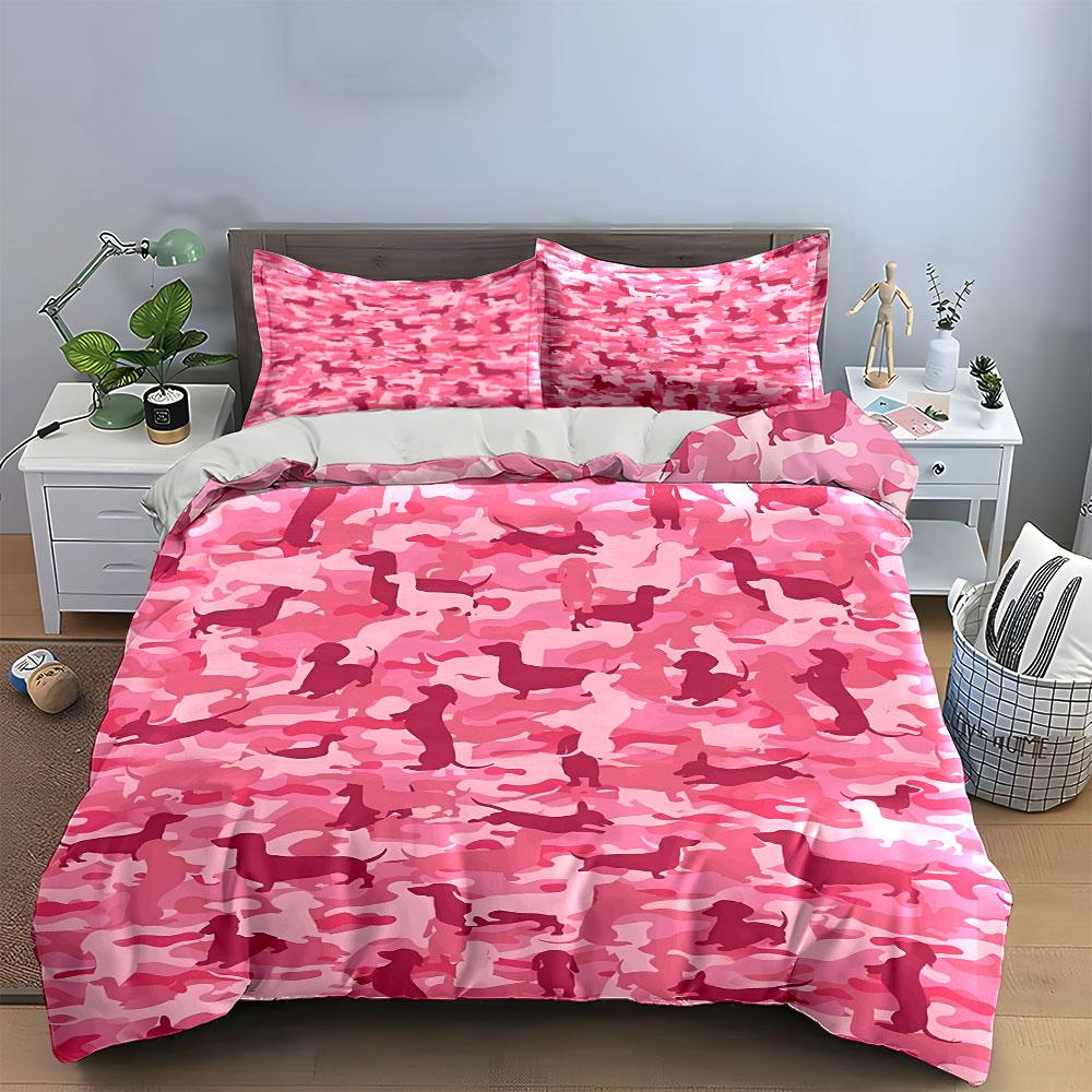 Pink Dachshund Camo Pattern Bedding Duvet Cover Set Duvet Cover Pillowcases (1*Duvet Cover 2*Pillowcases, Without Duvet Insert)